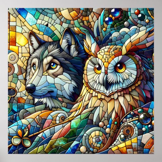 Mozaïek Tegel Wolf en Uil Poster (Voorkant)