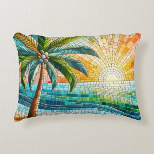 Mozaïek Tropisch Strand Zonsondergang Palmboom Accent Kussen