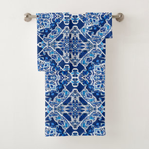 Mozaïekpatroon in Indigo en Kobaltblauw Bad Handdoek