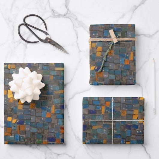 Mozaïeksteen in blauw en goud inpakpapier vel (Voorkant)