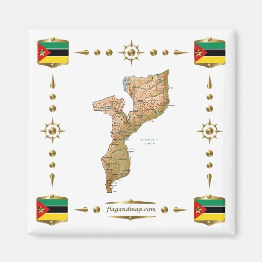 Mozambique Kaart + Vlaggen Magnet Magneet (Voorkant)
