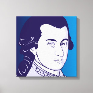 Mozart op Canvas - Cartoon Stijl, blauw/wit Afdruk