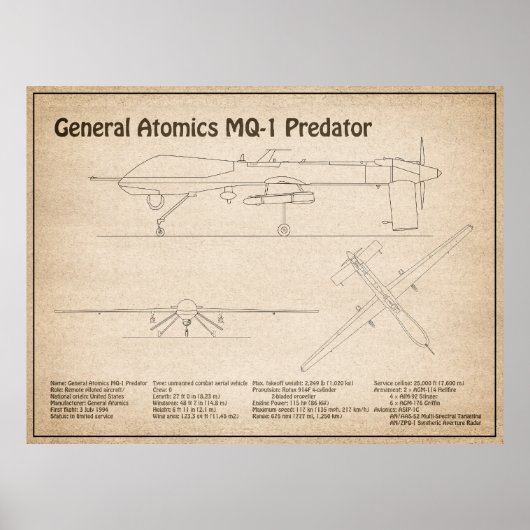 MQ-1 Predator UAV- Vliegtuigblauwdruk SD Poster (Voorkant)