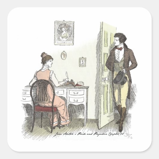 Mr. Darcy bezoekt Jane Austen Pride en Prejudice Vierkante Sticker (Voorkant)