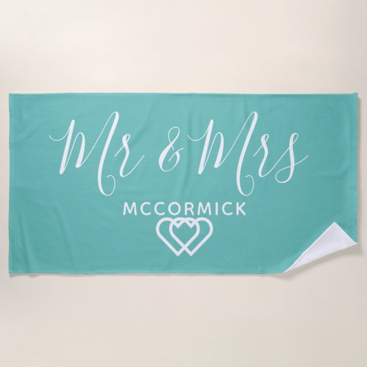 Mr en mevrouw script monogram naam turquoise witte strandlaken (Voorkant)