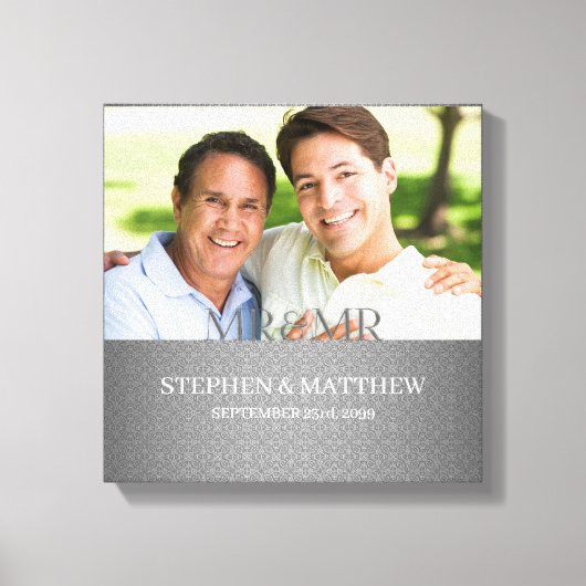 Mr. en Mr. Two Grooms Silver Damask Foto Canvas Afdruk (Voorkant)