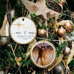 Mr. en Mrs. 1st Kerstmis Glitter Star Foto Keramisch Ornament