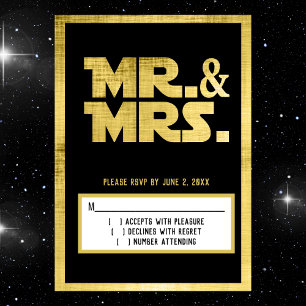 Mr en Mrs Black Gold Sci Fi Bruiloft RSVP Kaart