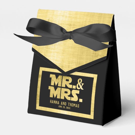 Mr en Mrs Black Gold Sci Fi Theme Wedding Bedankdoosjes (Voorkant Zijde)