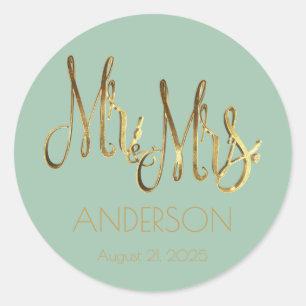Mr en Mrs Bleke Mint Faux Gold Foil Typografie Ronde Sticker
