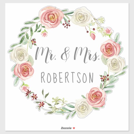 Mr en Mrs Bruiloft Waterverf Roos Bloemenkrans Sticker (Vel)
