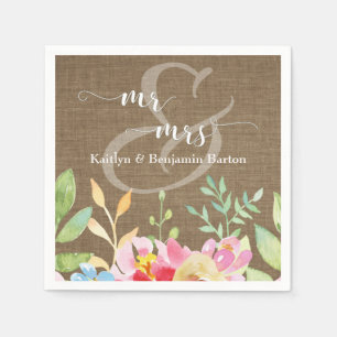 Mr. en Mrs Colorful Waterverf Flowers over Burlap Servet