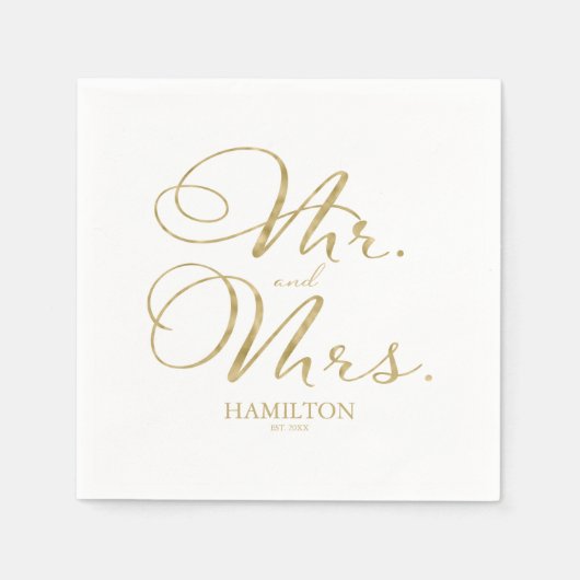 Mr en Mrs Elegant Gouden Folie Script Bruiloft Servet (Voorkant)