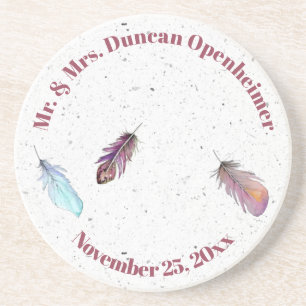Mr en Mrs Feather Design met Name Date Zandsteen Onderzetter