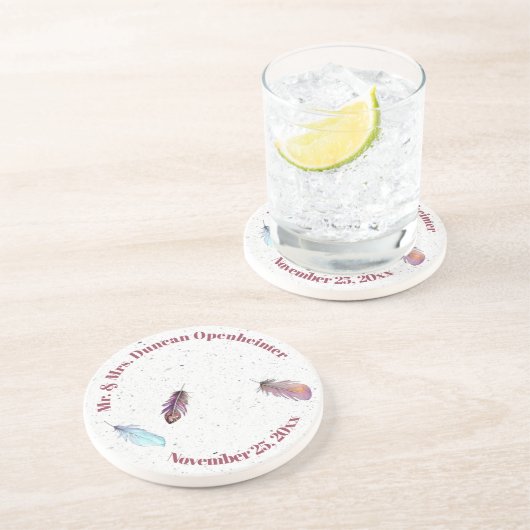 Mr en Mrs Feather Design met Name Date Zandsteen Onderzetter (Zijkant)