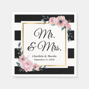 Mr en Mrs Gold Lijst Black White Floral Wedding Servet