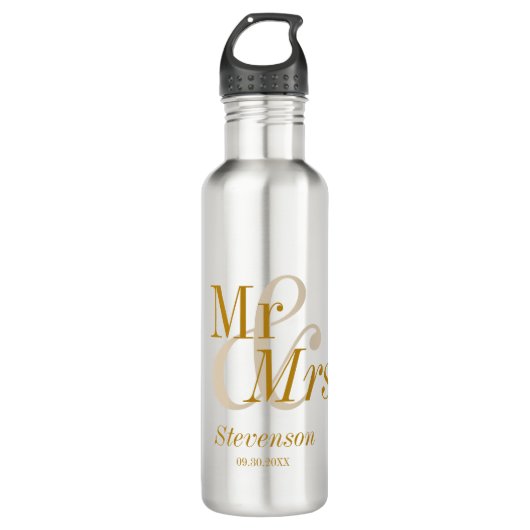 Mr en Mrs Gold Script Wedding Gift Waterfles (Voorkant)