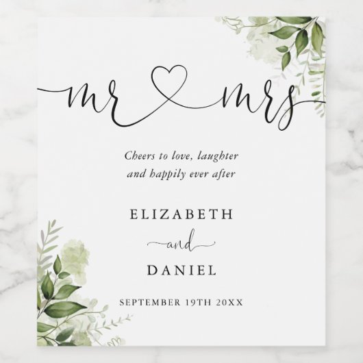 Mr en Mrs Heart Script Green Bloemenbruiloft Wijn Etiket (Enkel label)