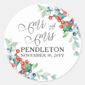 Mr en Mrs Holly en Berries Winterbruiloft Ronde Sticker (Voorkant)