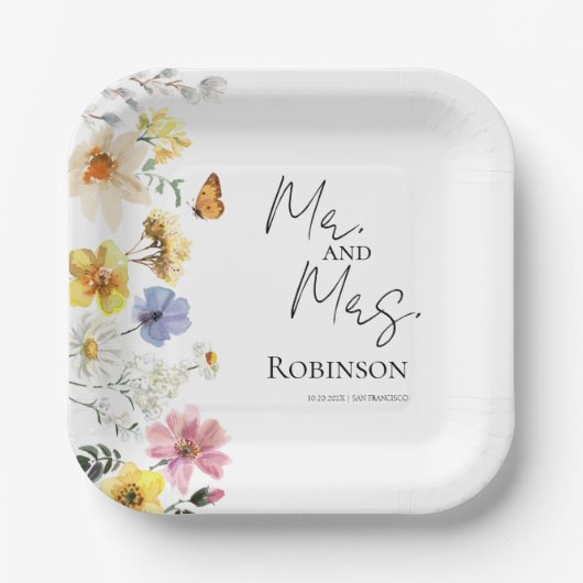 Mr en Mrs. | Kleurrijke Wildflower Boho bruiloft Papieren Bordje (Voorkant)
