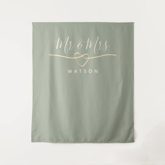 Mr en Mrs Sage Green Bruiloft Achtergrond Wandkleed (Voorkant)