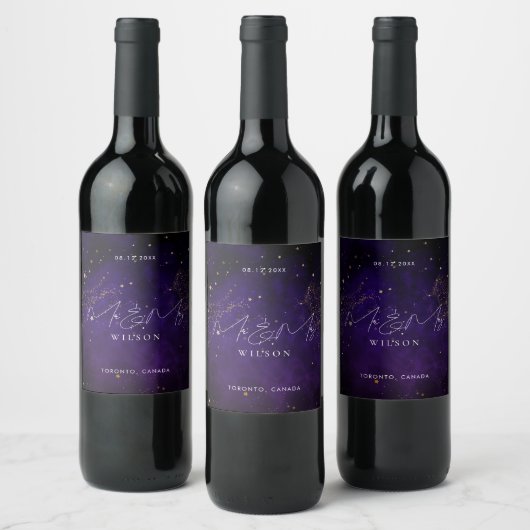 Mr en Mrs Script Dark Paars Magical Gold Wijn Etiket (Flessen)