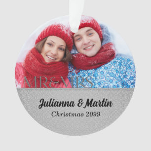 Mr. en Mrs Silver Damask Wedding Foto Kerstmis Ornament