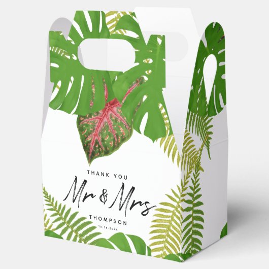Mr. en Mrs Tropical Leaves Script Wedding Bedankdoosjes (Geopend)