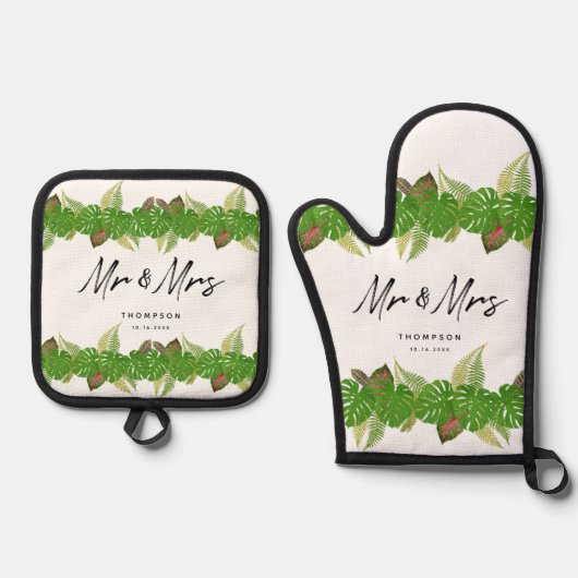 Mr. en Mrs Tropical Leaves Script Wedding Ovenwant & Pannenlap Set (Voorkant)