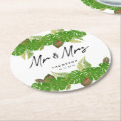 Mr. en Mrs Tropical Leaves Script Wedding Ronde Kartonnen Onderzetter (Gebogen)