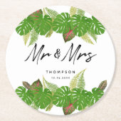 Mr. en Mrs Tropical Leaves Script Wedding Ronde Kartonnen Onderzetter (Voorkant)