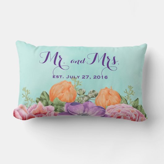 Mr en Mrs Wedding Date Waterverf Flowers Kussen (Voorkant)