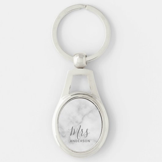 Mr en Mrs. | Wit Marmer Modern Script Bruiloft Sleutelhanger (Voorkant)