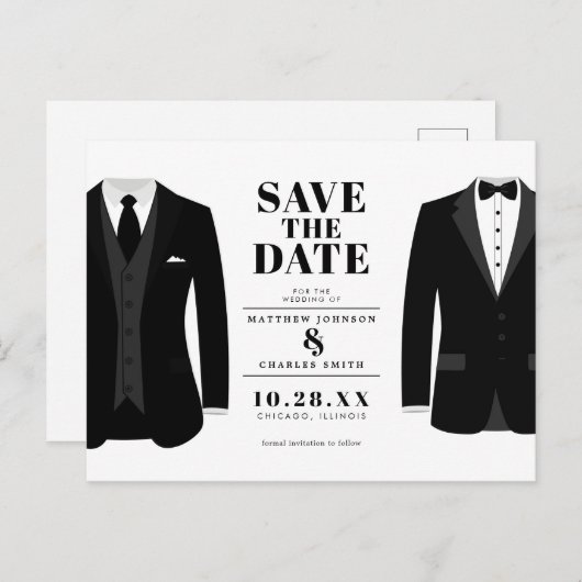 Mr. & Mr Modern Black Wedding Tux - Bewaar de datu Briefkaart (Voorkant / Achterkant)