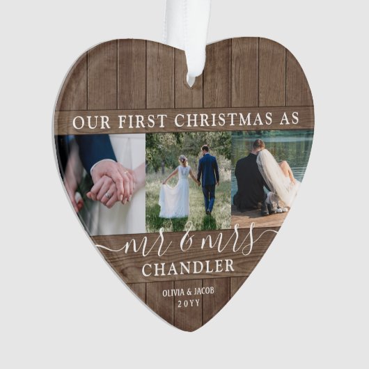 Mr & Mrs 4 Photo First Christmas Rustic Faux Wood (devant)