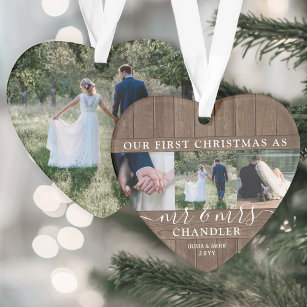 Mr & Mrs 4 Photo First Christmas Rustic Faux Wood