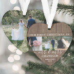 Mr & Mrs 4 Photo First Christmas Rustic Faux Wood<br><div class="desc">Célébrez un 1er jour férié joyeux en couple marié avec un collage photo personnalisé 4 "Notre premier Noël en tant que Monsieur. & Mme" ornement acrylique en forme de coeur. Tous les textes et images de ce modèle sont simples à personnaliser. (CONSEIL EN MATIÈRE DE PLACEMENT D'IMAGE : Une façon...</div>