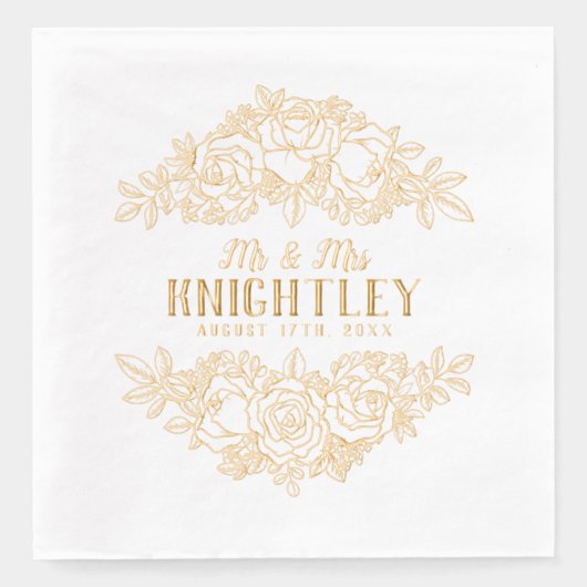 Mr & Mrs Beautiful Gold Foil Rozen Bloemenbruiloft Folie Servetten (Voorkant)