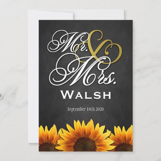 Mr & Mrs Black Sunflower Wedding Invitations Kaart (Voorkant)