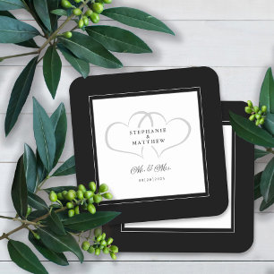 Mr & Mrs Black & White Elegant Hearts Wedding Chic Vierkante Kartonnen Onderzetter