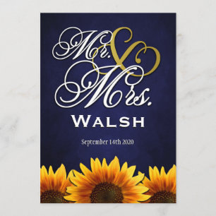 Mr & Mrs Blue Sunflower Wedding Invitations Kaart