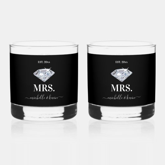 Mr & Mrs Bruiloft Zwart & Wit Bruiloft Whisky Glas (Voorkant)