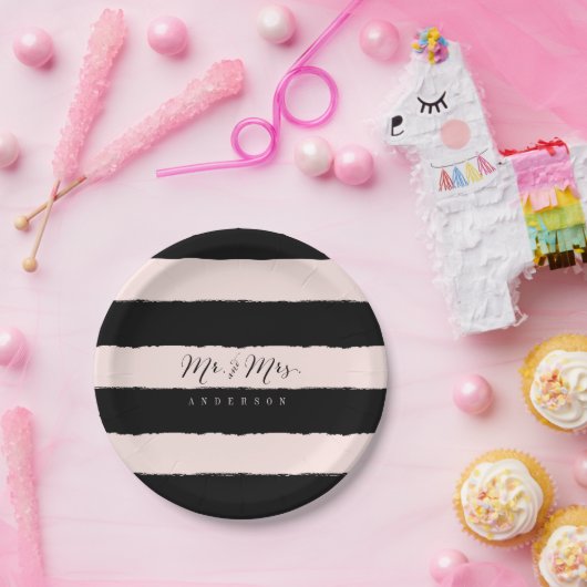 Mr & Mrs Chic Script Calligraphy Stripes Wedding Papieren Bordje (Feest)