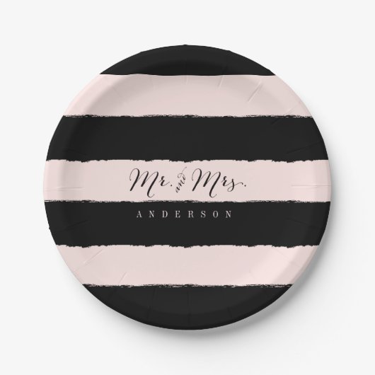 Mr & Mrs Chic Script Calligraphy Stripes Wedding Papieren Bordje (Voorkant)
