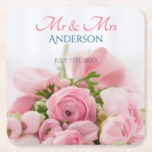 Mr & Mrs, DIY Achternaam, Datum & Foto Vierkante Kartonnen Onderzetter