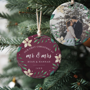 Mr. & Mrs. Eerste kerstfoto met huwelijk Keramisch Ornament