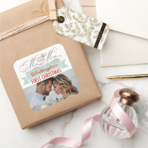 Mr & Mrs First Kerstmis Mistletoes Foto Wedding Vierkante Sticker