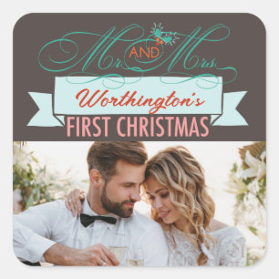 Mr & Mrs First Kerstmis Mistletoes Foto Wedding Vierkante Sticker