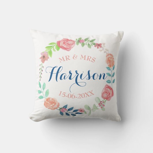 Mr & Mrs Floral Wedding Cushion Waterverf Gift Kussen (Voorkant)