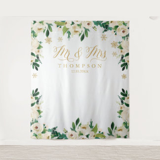 Mr & Mrs floral winter wedding banner backdrop Wandkleed
